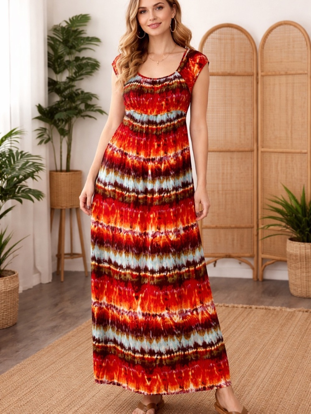 AGB Red Tie-Dye Scoop Neck Maxi Dress